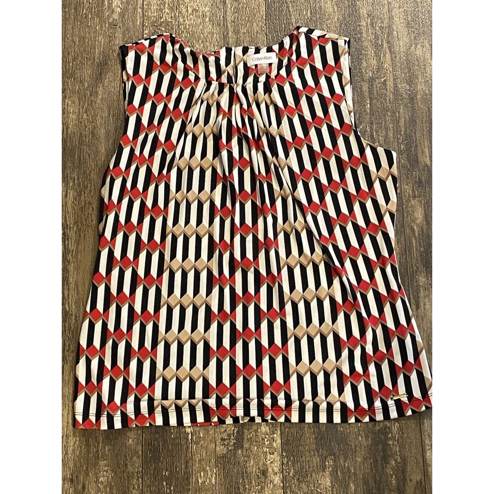 Calvin Klein Womens Geometric Sleeveless Blouse Top size Large red black white